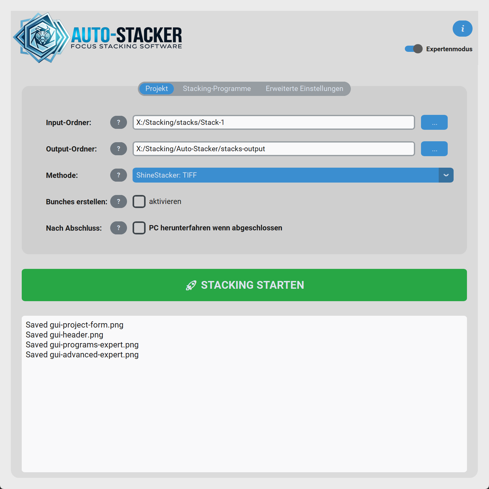 Auto-Stacker Hauptfenster