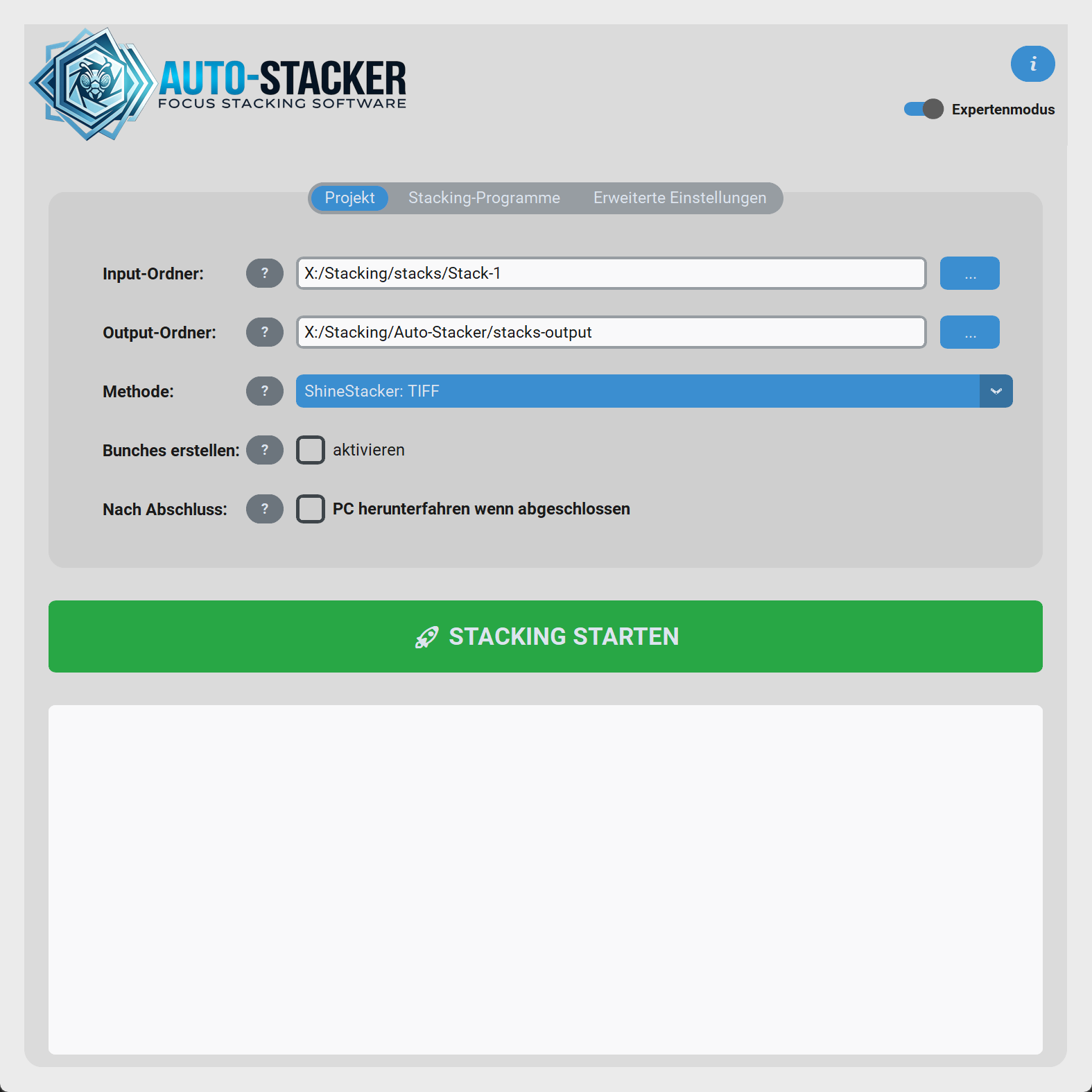 Startbereich der Auto-Stacker GUI